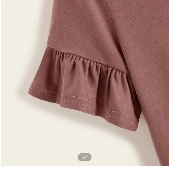 Ruffle Sleeve Solid Tee (Color : Redwood) - Picture 2 of 3
